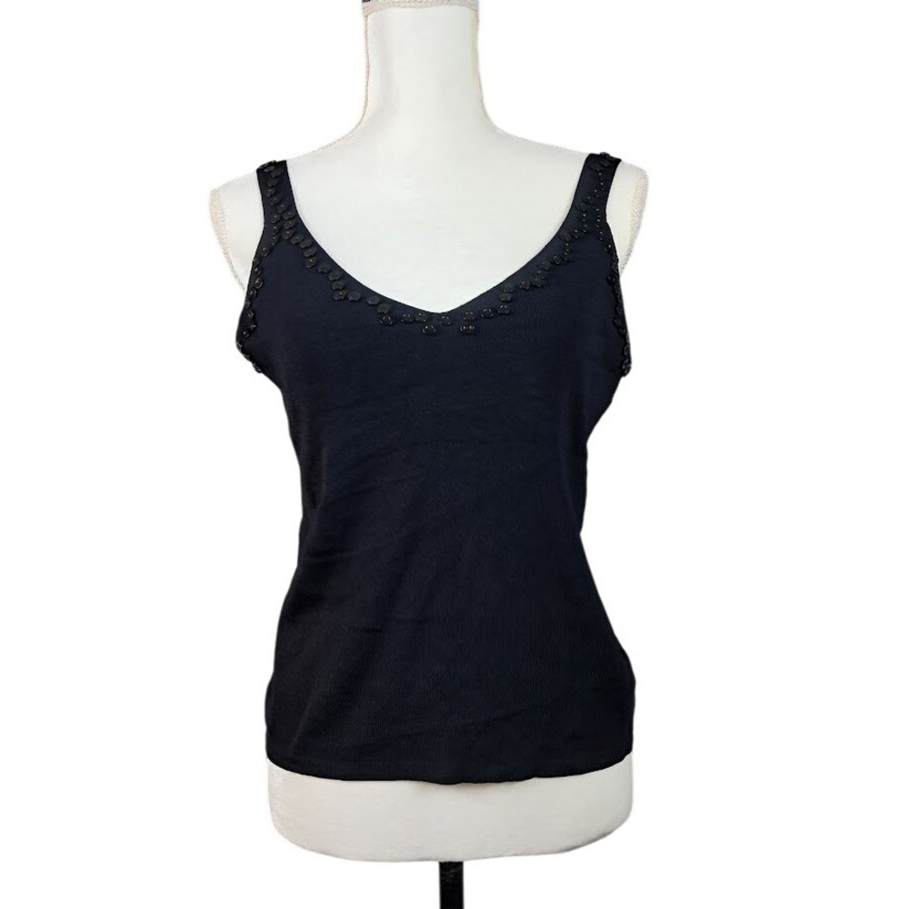 JOSEPH A.‎ Lg Black Embellished V Neck Sleeveless Silky Knit Tank Top Soft
